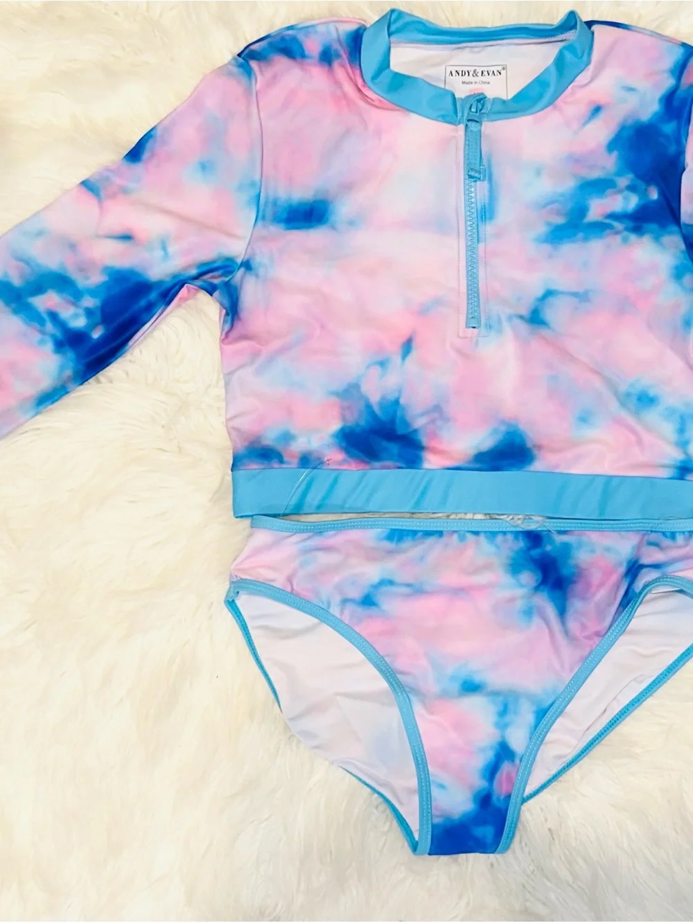 Andy & Evan Girls' Pink & Blue Tie-Dye Long Sleeve Rashguard Set